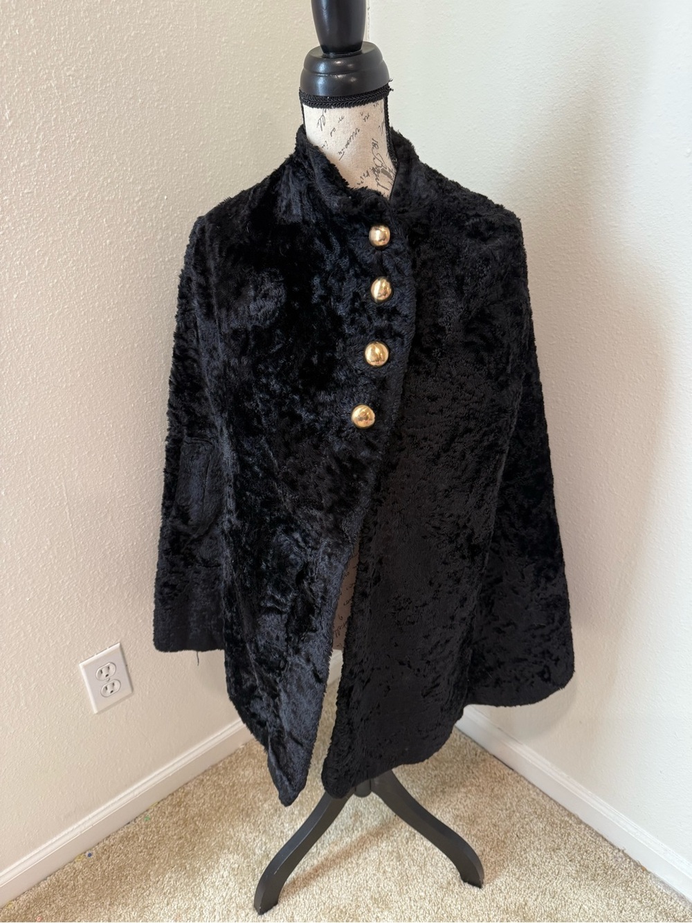 Luxurious Black Faux Fur Cape with Gold Button Accents